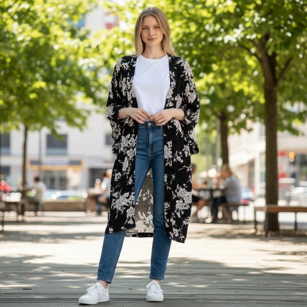 Spiritual Gangster Floral Kimono Robe‎ Women OS Black White Duster Boho Rayon